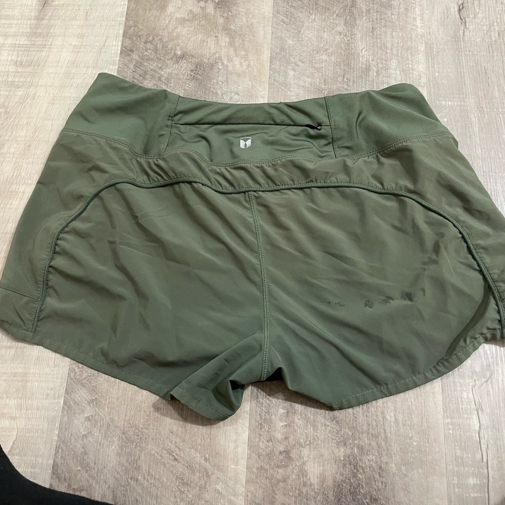 Tough Mode Womens 3" Lightweight Running Shorts. Olive green. Large.